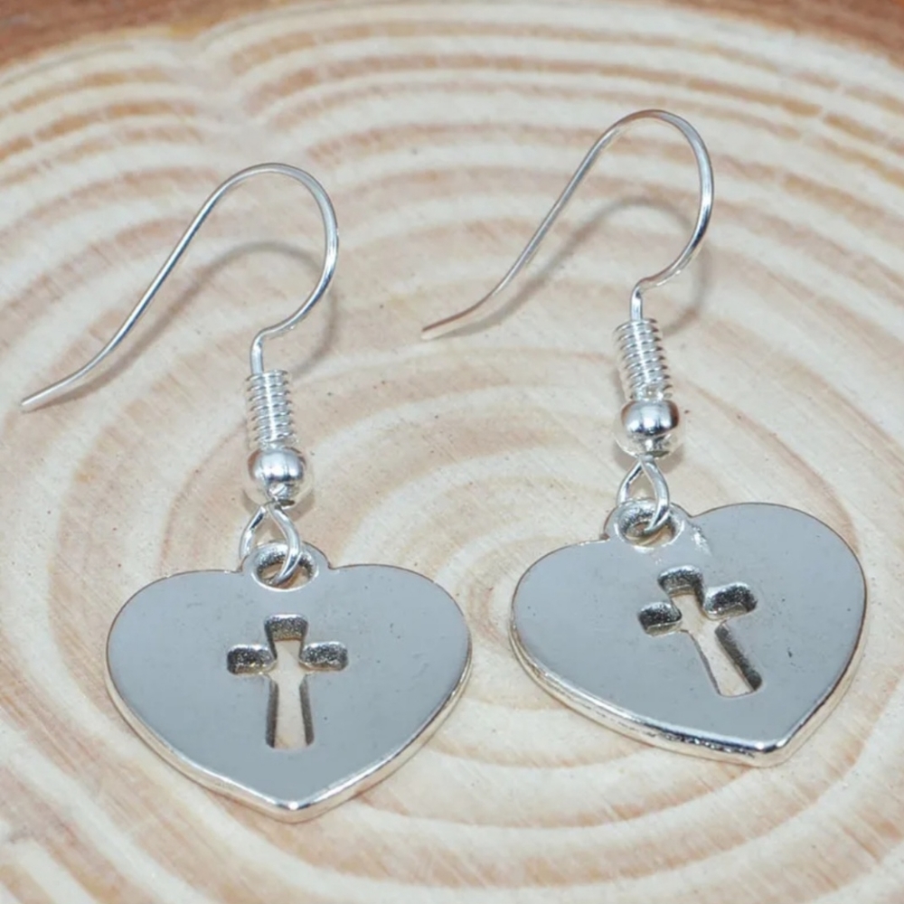 Heart Shape Silvery Cross Pattern‎ Pendant Earrings 2/$15 3/$20 4/$25
